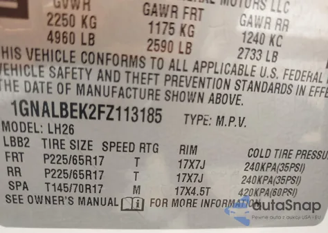 2015 Chevrolet Equinox 1Lt из США, поврежденный, VIN 1GNALBEK2FZ113185